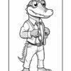 A cartoon alligator dressed in a formal outfit, featuring a button-up shirt, a tie, and suspenders, confidently standing with its hands on its hips. It has large round glasses and an expressive face, with detailed scale patterns on its skin, and is wearing fitted trousers with a belt.