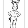 A cartoon donkey character standing with hands on hips, wearing a collared shirt and belt, with a friendly expression and perky ears, in a black and white outline style suitable for coloring.