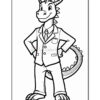 A cartoon dragon in a suit stands confidently with hands on its hips, displaying a friendly expression and wearing a tie and badge, outlined for coloring in a coloring sheet format.