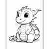 A cute cartoon dragon with large eyes, small wings, and a friendly expression, sitting down against a plain background, suitable for coloring.