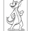 A cartoon-style dragon with a friendly expression, standing with one hand raised and a toothy grin, outlined for coloring in a coloring book format.