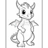 A cute cartoon dragon character with big eyes, small horns, and dragon wings, standing and smiling. The illustration is in black and white, intended for coloring.
