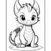 A cute cartoon dragon with large eyes, small horns, and a friendly expression, sitting on a flat surface, outlined for coloring.