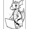 A cartoon dragon with a friendly expression is sitting in front of an open laptop, wearing a backpack, with small wings extended on its back.