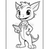 A cartoon dragon character with a friendly smile, wearing a light blue jumpsuit and holding a tablet, standing against a white background, designed for coloring.