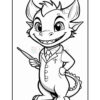A cartoon dragon character wearing a lab coat and holding a pen, smiling and standing with one hand on its hip, designed for coloring pages.