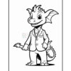 A cartoon dragon character in a suit holding a small shovel, smiling cheerfully. The image is outlined in black and intended for coloring.