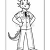 A cartoon dragon character dressed in a police uniform, standing confidently with hands on hips, featuring a friendly smile and wearing a badge, outlined in black for coloring.