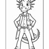 A cartoon dragon character dressed in a suit with a tie, standing confidently with hands on hips and a mischievous grin, outlined for coloring.