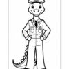 A cartoon dinosaur dressed as a police officer, standing confidently with hands on its hips, wearing a police cap and uniform with patches and a tie, against a blank background, intended for coloring.