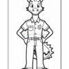 A cartoon dragon character standing with its hands on its hips, dressed in a short-sleeved shirt with a badge and a belt, wearing pants, with a tail visible in the background; the drawing is outlined for coloring purposes.