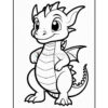 A cute cartoon dragon with a round face and large eyes, standing on two legs with small wings and a tail, designed as a black-and-white coloring page.
