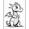 A cute cartoon dragon character with large eyes, smiling and standing upright, featuring small wings and spikes along its back, in black and white outline for coloring.