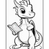 A cute cartoon dragon holding an open book, with a friendly expression and small wings, drawn in a coloring page style.