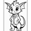 A cartoon dragon character wearing a suit, standing confidently with its hands on its hips, featuring large wings and a playful expression, in a black and white outline suitable for coloring.