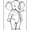 A cartoon-style elephant wearing a shirt and pants, standing upright with a friendly expression, suitable for coloring activities.