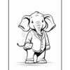 A cartoon elephant standing upright, wearing a formal suit with a bow tie, smiling gently. It has large ears and a trunk, holding a small stick in its left hand. The drawing is outlined in black and is intended for coloring.