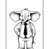 A cartoon-style elephant wearing a white shirt, black tie, and suspenders, standing upright with a friendly expression, against a plain background.