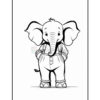 A cute cartoon elephant wearing overalls, standing upright with a friendly expression and hands on its hips, set against a plain white background, designed as a coloring page.