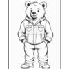 A cartoon bear character standing upright, wearing a zip-up denim jacket with two pockets, matching pants, and sneakers. The bear has a friendly expression and a round face, with small, rounded ears and a slightly tousled tuft of fur on top its head.
