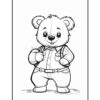 A cheerful cartoon bear wearing a button-up shirt and suspenders, standing with its hands on its hips, with its facial features large and expressive, ready to play or explore.