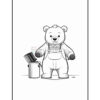 A cartoon-style bear wearing overalls, holding a comb in one paw and standing next to a paint can with a brush in it, against a plain white background.