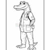 A cartoon alligator character standing upright, wearing a shirt, pants, and an apron with pockets. The character has a wide smile, a textured snout, and prominent teeth. It has a patch with a flag on the shirt, and the setting is a simple outline suitable for coloring.