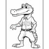 A cartoon alligator character wearing a short-sleeved shirt and shorts, standing with one hand raised. The alligator has a friendly expression, a broad smile, and is drawn in an outline style for coloring.