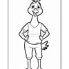 A cartoon duck character with a confident pose, wearing a t-shirt and shorts, smiling and standing with hands on hips in a coloring book style outline.