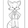 A cartoon fox character dressed in a suit, standing with hands on hips, ready to be colored. The image is outlined, suitable for a coloring book.