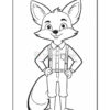 Line drawing of a cartoon fox character wearing a button-down shirt and suspenders, standing confidently with hands on hips against a blank background, intended for coloring.
