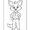 A cartoon fox character standing confidently with its hands on its hips, wearing a shirt and pants, in a black and white outline suitable for coloring.