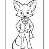 A cartoon fox character dressed in a suit, standing with hands on its hips, depicted in an outline style suitable for coloring activities.