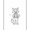 A cartoon fox character standing confidently with hands on hips, wearing suspenders and a button-up shirt, outlined for coloring on a blank page.