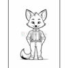 A cartoon fox character standing upright, wearing suspenders, a collared shirt, and bow tie, with a friendly expression. The illustration is outlined in black, ready for coloring.