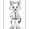 A cartoon fox character wearing a collared shirt, tie, and pants, standing with hands on its hips. The fox has a friendly expression and large ears, set against a blank background suitable for coloring.