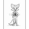 A cartoon fox character standing confidently with hands on hips, wearing a police uniform, consisting of a shirt, tie, and pants, depicted in a black and white outline style suitable for coloring.