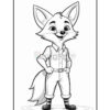 A cartoon fox character standing confidently with a smiling expression, wearing a button-up shirt and pants, suitable for coloring activities. The illustration features clear lines and no color.