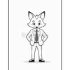 A cartoon fox character in a suit and tie, standing confidently with arms crossed, outlined in black and white, suitable for coloring.