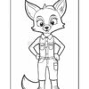 A cartoon fox character standing with hands on hips, wearing a buttoned shirt and shorts, depicted in a coloring page style with outlined details for coloring.