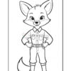A black and white outline illustration of a cartoon fox character standing confidently with hands on hips, wearing a button-up shirt and pants, suitable for coloring.