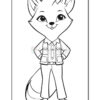 A cartoon fox character standing upright with a friendly expression, wearing a button-up shirt, vest, and pants, with its paws on its hips. The image is in black and white, designed for coloring.