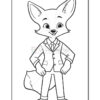 A cartoon fox character wearing a suit and tie, standing with arms crossed and a friendly expression, outlined for coloring.