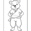 A cartoon illustration of a bear standing confidently with its hands on its hips. It is wearing a traditional outfit with a sash and loose pants, and the bear has a friendly smile with large round ears. The image is in black and white, suitable for coloring.