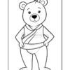 A cartoon-style bear character standing with its hands on its hips, wearing a sash across its torso and a band around its waist. The bear has large, round ears, a friendly facial expression, and is illustrated in a black-and-white coloring page format.