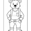 A cartoon bear character standing confidently with hands on hips, wearing a vest and jeans. The bear has a friendly expression and is outlined for coloring.
