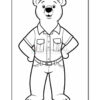A cartoon bear character standing with hands on hips, wearing a short-sleeved shirt with pockets and trousers, depicted in an outlined, colorable style.