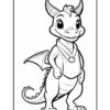 A cartoon dragon character standing confidently, with a friendly expression and large eyes, wearing a shirt and a medal around its neck, outlined for coloring.