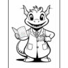 A cartoon dragon character wearing a lab coat, holding an open book in one hand and posing with a friendly smile, featuring a badge on its coat pocket, set against a blank background suitable for coloring.