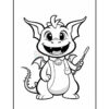 A cartoon dragon character with big ears, a toothy smile, and a small tail, holding a pencil. The dragon is designed for coloring, outlined in black on a white background.